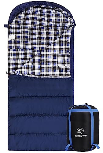 REDCAMP Winter Sleeping Bag for Adult, Wide Cotton Flannel Sleeping Bag with Hood for 3-4 Season Winter Cold Weather Camping Fishing, Blue 400g/㎡