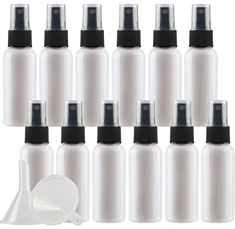 TIANZD 24 Pieces Empty 50 ml White PET Plastic Fine Mist Pump Spray Bottles with Black Top Portable Sprayer for Perfume Water Cosmetic Travel Containers Refillable, 2x Funnel