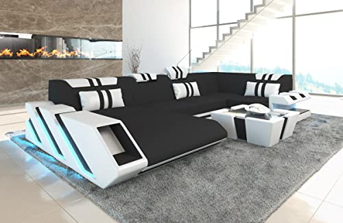 Sofa Wohnlandschaft Apollonia U Form Stoffsofa - mit LED Beleuchtung, verstellbare Kopfstützen, Recamiere/Mikrofaser/Ausrichtung wählbar (Ottomane Links, Schwarz C33)