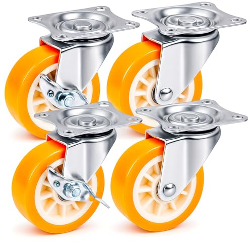 PRIOstahl Lenkrollen Möbelrollen Bremsrollen Schwerlastrollen Transportrollen - 4er SET: 2 Lenkrollen + 2 Lenkrollen mit Bremse 50mm Orange Rollen für Möbel Spurlos & Leise Premium Rollensatz