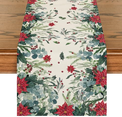 Artoid Mode Holly Poinsettie Blumen Weihnachten Tischläufer, Winter Xmas Küche Tisch Dekoration Drinnen Urlaub Party Dekor 40x140 cm