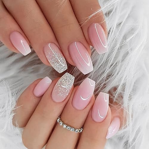 24 Pièces Carrés Faux Ongles Court, French Press on Nails Rose Brillant Ongles à Coller, Acrylique Couverture Complète Square Faux Ongles Autocollants pour Femme et Fille Nail Art