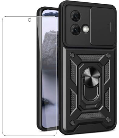 SDTEK Case Compatible with Motorola Moto G84, Phone Cover with Camera Lens Protection, Stand, Magnetic Ring Holder and Glass Screen Protector (Black)