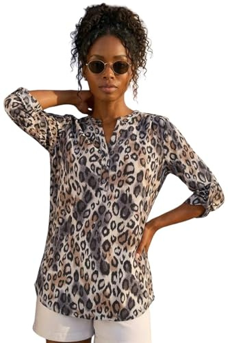 Roman Shirt for Women UK Ladies Top Collarless Blouse Stretchy Tunic Smart Casual Autumn Winter Jersey 3/4 Length Sleeve Notch V Neck Flattering Office Work - Taupe - Size 12