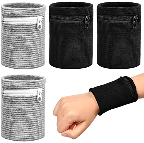 Chstarina 4 Packung Schweißband Handgelenk, Sport Wristbands, Schweißbänder mit Reißverschluss, Sportarmband Männer Damen für Fitness Laufen Basketball Fußball Radfahren