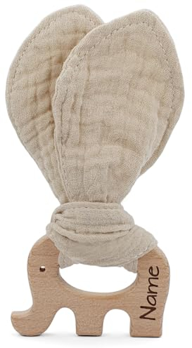 Baby HOLZ & STOFF Greifling personalisiert mit Namen | Mädchen & Jungen Lernspielzeug als Geschenk zur Geburt, Taufe | Beißring Elefant