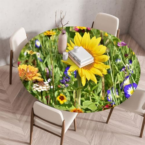 Highdi Tischdecke Abwaschbar Rund 70cm,Elastisch 3D Sonnenblume Tischdecke Outdoor Lotuseffekt Tischdecken Gartentischdecke Cloth für Restaurant, Ideal für 60cm-65cm