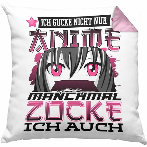 Trendation Anime und Zocken Kissen mit Füllung 40x40 Geschenk Mädchen Anime-Fans Gamergirl Spruch (Rosa)