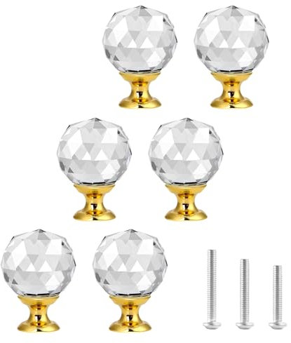 OctinPris 6x Clear Crystal Glass Door Knobs Round Diamond Wardrobe Doorknob Ball-Shape Drawer Pull Knob with Goldbase Diamond Shaped Handles for Cupboard Cabinet Dresser in Bathroom Kitchen Office ect