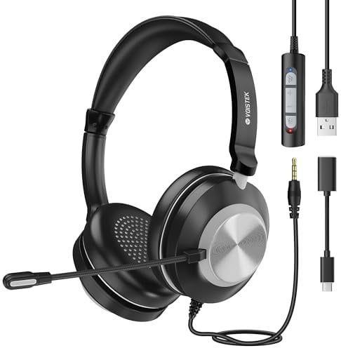 Voistek Cuffie per Computer con Microfono USB con Riduzione del Rumore, Headset PC/Laptop, Ideale per Lavoro, Teams, Zoom, Skype, Call Center