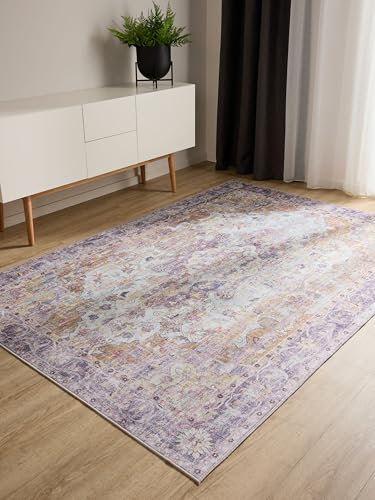 benuta Basic Waschbarer Teppich George - Multicolor/Lila 140x200 cm - Kunstfaser - Rechteckig & im Style: Vintage, Elegant, Retro - Pflegeleicht für Wohnzimmer Schlafzimmer