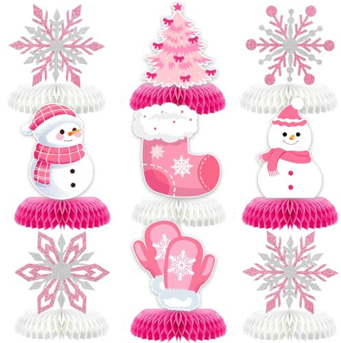 9 Pièces Centre de Table Décoration Flocons de Neige, Décoration Table en Nid d’Abeille Pour Hiver Noël Nouvel An, Flocons de Neige Deco Noël Pour Table (Bonhomme de Neige Rose)