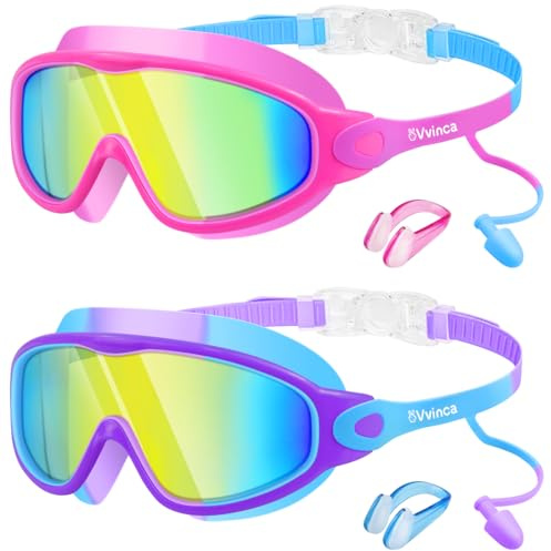 Vvinca 2 Pack Kids Swim Goggles with Earplugs and Nose Clip, Ages 3-15 | Wide View, No Leakage, Anti-Fog, UV Protection