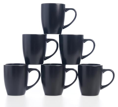 HOMD Coffee Cup Set 6-12oz Large Handle Ceramic Cup for Coffee, Soup, Tea, Milk, Latte, hot Cocoa, Ladies, Men-New Porcelain Mug Set (Black)
