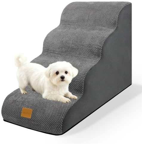 necvha Dog Steps for Bed, Premium 4-Step Dog Stairs, Non-Slip Pet Steps Ladder for Sofa, High Density Foam Pet Ramp with Removable Washable Plush Cover, 40x72x50cm, Grey