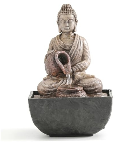 Ameble Buddha Statue Tabletop Water Fountain, Zen Resin Indoor Water Feature for Home Office Decor, Meditation