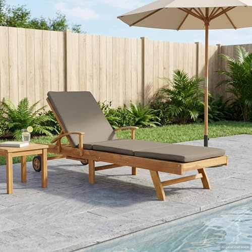 Augerqir Tumbona de jardín con respaldo y reposapiés ajustables, mesa lateral integrada, ruedas móviles, imitación de madera de teca, para balcón, terraza, piscina, relax al aire libre