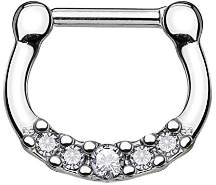 Piercingfaktor Universal Piercing Septum Ring Clicker Scharnier Chirurgenstahl mit 5 Kristallen Lippenpiercing Nasenpiercing Ohrpiercing Tragus Helix Intimpiercing Horseshoe Clear 1,6mm