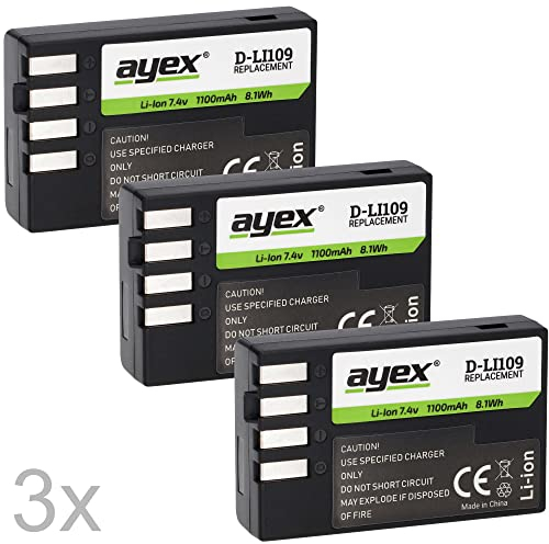 ayex D-Li109 Akku 3er Set Kompatibel mit Pentax zB K-30 K-S2 K-S1 K-500 K-50 K-R Funktioniert mit original Ladegeräten langlebig & zuverlässig