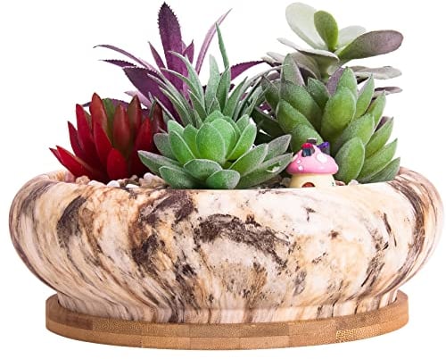 ARTKETTY Groß Sukkulenten Pflanzgefäße Töpfe mit Bambus Untersetzer, 18,5cm Keramik Kaktus Übertöpfe Töpfe Runde Blumentöpfe Bonsai Container für Garten Büro Schreibtisch Dekoration