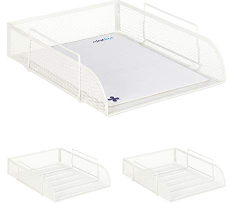 3 x stapelbare Dokumentenablage, für DIN A4, Gitter Design, Briefablage fürs Büro, Metall, B x T: 25 x 34 cm, weiß