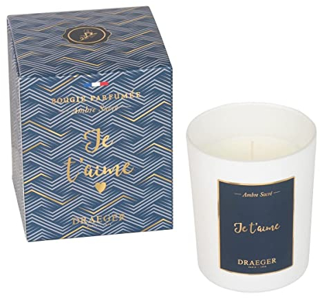DRAEGER PARIS - Bougie blanche Je t'aime Parfum Ambre Sacré - Idée Cadeau Déco - Pot en verre- Made in France - 100% Cire Végétale