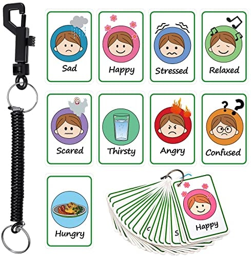 Needs My Communication Cards, 24 Pieces Feelings and Emotions Flash Card, Feeling Face Card with Spring Rope Lanyard for Men Women Teens Education Party Supplies (Lovely Style)