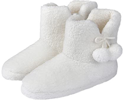Sleepdown Womens Ladies Teddy Fleece Bootie Slippers Fluffy Plush Comfy Soft Cosy Slipper Warm Indoor Mens Unisex House Shoes Pom Pom - 8/9 - Cream
