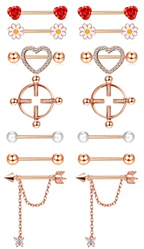 Kakonia 7 Paar 14G Nippelpiercing für Damen Chirurgenstahl Brustwarzenpiercing Zungenpiercing Multiform Schmetterling Rose Blume Kugel Perle Herz Nipple Piercing Roségold