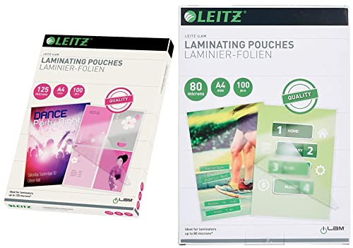 Leitz Heißlaminierfolien A4 125 mic, 100er Pack & Heißlaminierfolien A4 80 mic, Hochwertige Laminierfolien im 100er Pack, mit abgerundeten Ecken, transparent, glänzend, 33818
