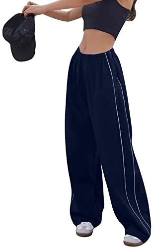 MoneRffi Damen Jogginghose Sporthosen Lange Sommer Damen Fallschirmhose Baggy Elastic Waist Relaxed Y2K Track Pant Hosen Sweathose mit Taschen(Dunkelblau,S)