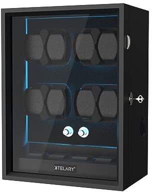 XTELARY Uhrenbeweger für 8 Automatikuhren, Abschließbarer Automatikbeweger mit Extra 6 Uhrenfächern, 4 Rotationsmodi, Leiser Mabuchi Motor und Blaue Hintergrundbeleuchtung,Black