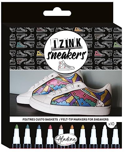 Aladine - 10 Feutres Sneakers - Feutres pour Personnaliser Baskets, Chaussures en Cuir & Synthétique - Couleurs Métalliques - Marqueurs, Stylos - Doré, Argent, Noir, Bleu, Vert - 85534