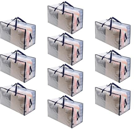 VENO 10 Pack Heavy-Duty Oversize Large Storage Bag Organizer with Zips and Tag Pocket for Moving, Clothes Storage, Laundry Bag, Packing, House Solutions, Sustainable, Water-Resistant (Clear, 10 Pack)