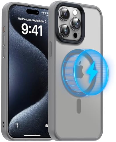 Meifigno Magic Magnetisch Hülle kompatibel mit iPhone 15 Pro, [Militärgeprüft & Kompatibel mit magsafe] Durchscheinende Matte Rückseite Schutzhülle für iPhone 15 Pro 6,1 Zoll, Grau