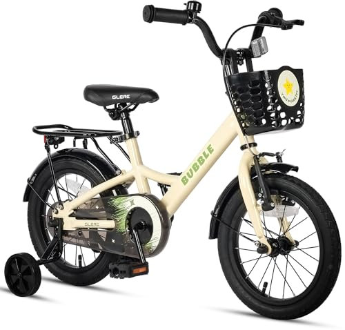 Glerc Bubble 12 Zoll Kinderfahrrad für 1 2 3 4 Jahre alte kleine Jungen & Mädchen Fahrräder mit Korbstabilisatoren und Gepäckträger, Beige