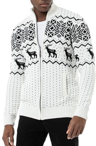Redbridge Cárdigan de punto noruego para hombre con cremallera, Blanco, S