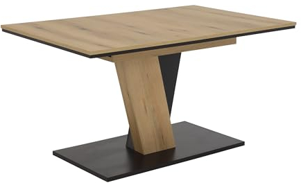Hela Tische, Esstisch Kulissentisch Lucy, Dekor Evoke Eiche/Schwarz, Sychronauszug, Schräge Säulen mit Bodenplatte, 140-180x90cm