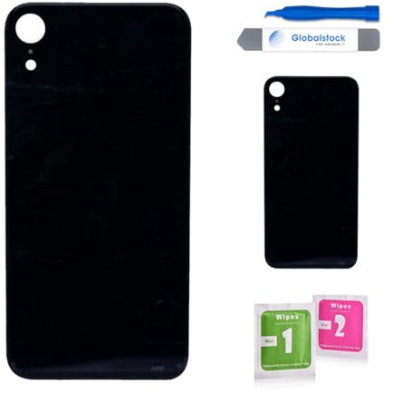 Globalstock Vitre arrière de Cache Batterie Remplacement - Coque Cache Batterie Compatible pour iphone Noir/Blanc/Or/Bleu/Rouge + adhésif et Kit Outils (Noir, XR)