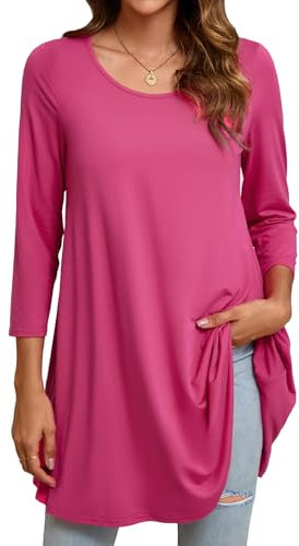 Enmain Magliette Donna Maniche Lunghe Tunica Manica 3/4 Bluse Elegante Colore Solido Casual Maglietta Lunga Collo Rotondo T-Shirt Rosa 4XL