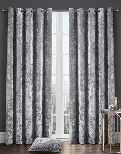 Luxury Crushed Velvet Curtains Fully Lined Eyelet Ring Top Thermal Pair of Curtain Window Treatment for Bedroom Living Room Kitchen Office (Silver - 66 Width x 54 Drop)