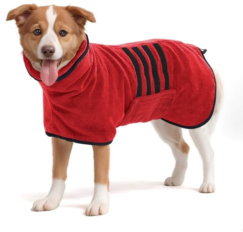 HezzLuv Peignoir Chien en Microfibre, Serviette de Bain pour Chien Super Absorbant, Séchage Rapide, Réglable, pour Chiens de Taille Moyenne et Grande, pour Séchage Après Baignade Bain (Rouge, L)