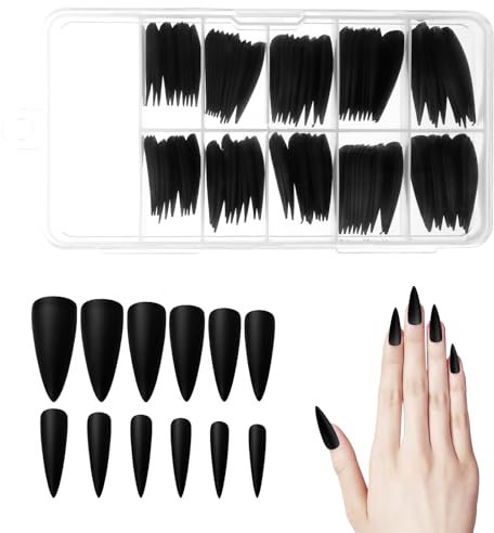 Lot de 100 faux ongles noirs à presser - Stiletto - Longs - Stiletto - Couverture complète - Pour femmes et filles - Manucure DIY - 10 tailles