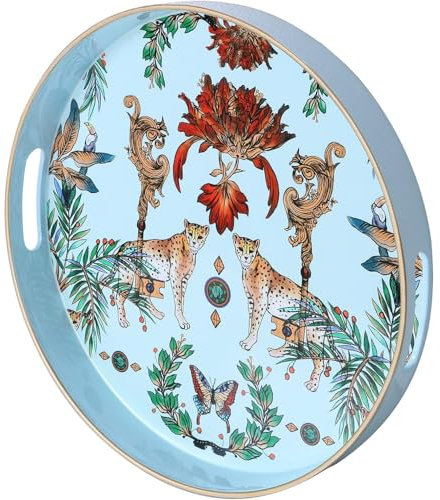 Simmer Stone Round Decorative Tray, Marbling Plastic with Handles, Modern Vanity nd Serving for Ottoman, Coffee Table, Kitchen and Bathroom, Size 13 INCH (Blue Leopard)