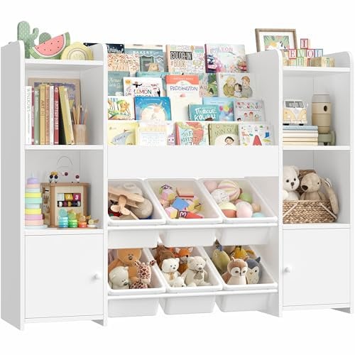 FOREHILL Kinderregal mit Kinderbücherregal Kinderzimmer Möbel aus Holz Bücherregal für Kinder mit Aufbewahrungsbox Kinderschrank mit Spielzeugkiste Kinderregal mit 6 Boxen 119 x 29,5 x 94 cm weiß