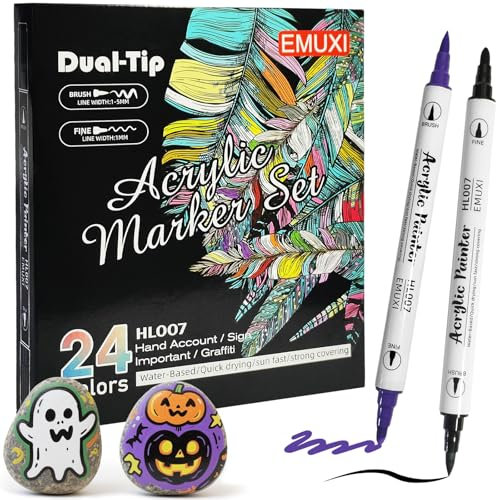 IBOPUXIU Rotuladores acrílicos con Doble Punta(Punta Fina y Pincel), Acrylic Markers resistentes al agua(24 colores), Adecuado para vidrio, madera, papel, manualidades y pintura rupestre