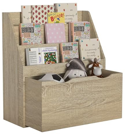 VCM Holzregal mit Rollen Schublade | platzsparendes Kinder Regal | Maße: H. 80 x B. 73 x T. 30 cm | Elegantes Regal stehend | Aufbewahrungsbox | Bücherregal | Aufbewahrungsregal - Besira L Honig-Eiche