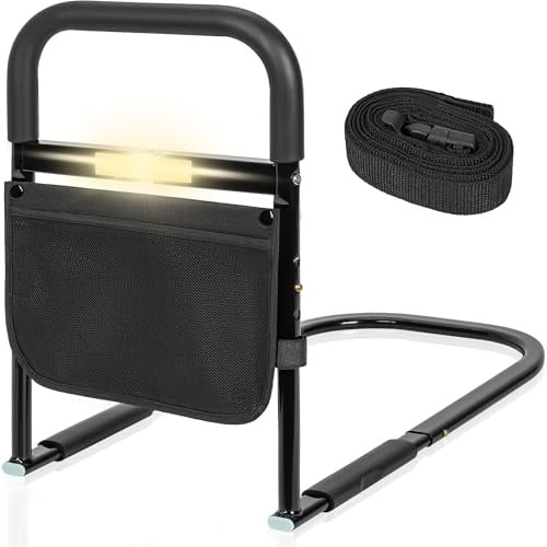 Barriere de Lit pour Personne Âgée Réglables avec LED et Poche de Rangement | Barriere de Lit Adulte Réglables (Hauteur 47-55CM), 60CM Barrière Potence de Lit pour Personne Âgée, Anti-Chute et Stabilité