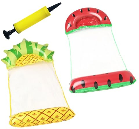 Hamaca Flotante de Agua con Diseño de Fruta, 2 Piezas Colchoneta Piscina con Bomba De Aire, Tumbona Flotante Inflable Multifunción Plegable para Piscina de Playa