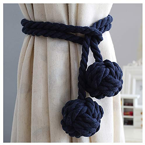 One Pair Of Handmade Curtain Tie Backs, Tied Curtain Clip Tassel Cotton Rope Tie Ball Back Curtain Accessories (Dark blue)